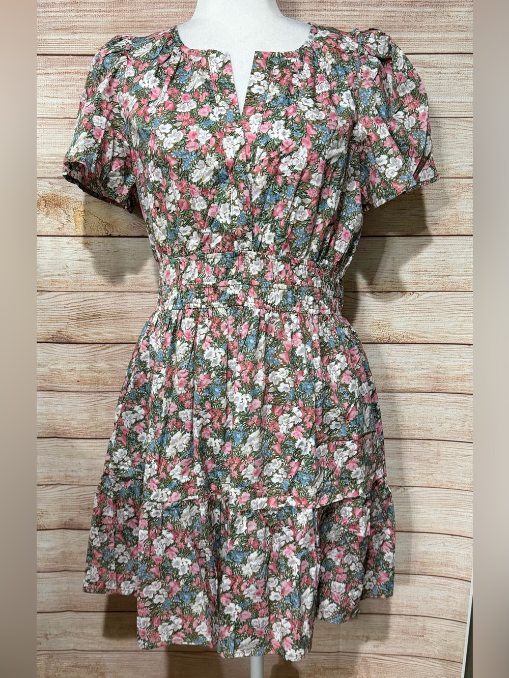 entro Floral Smocked Waist Pink White Green Mini Dress